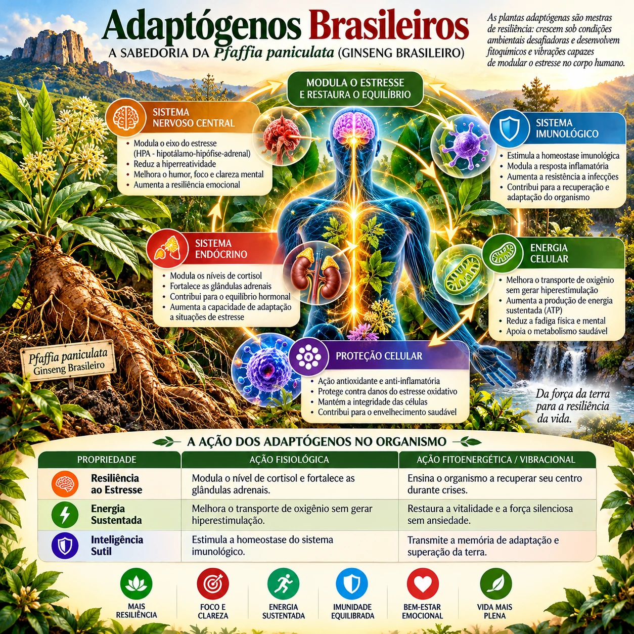 Infográfico: Adaptógenos brasileiros, a sabedoria da Pfaffia paniculata