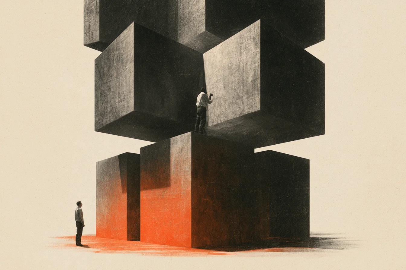 Dois homens diante de uma torre de blocos gigantes: um observa de baixo, o outro subiu e trabalha lá em cima; o bloco da base se acende em vermelho